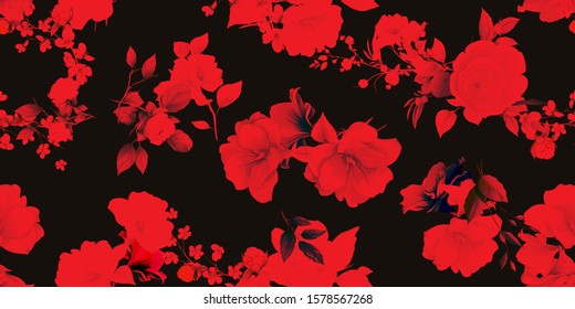 Wide vintage seamless background pattern on dark red. Peony, wild flowers with leaf and branch behind. Abstract watercolor, hand drawn, vector - stock.