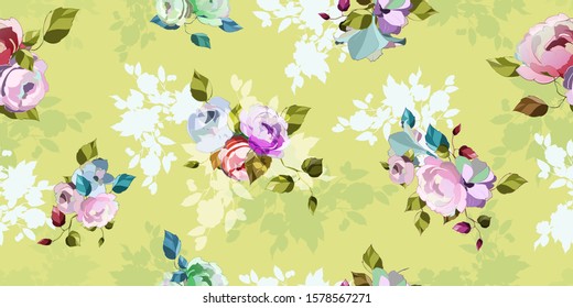 Wide vintage seamless background pattern on light green. Beauty wild flowers, peony and leaves around. Abstract watercolor, hand drawn, vector - stock.