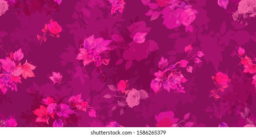 Wide vintage seamless background pattern on light red. Beauty wild flowers, bunch of grape, peony and leaf around. Abstract watercolor, hand drawn, vector - stock.