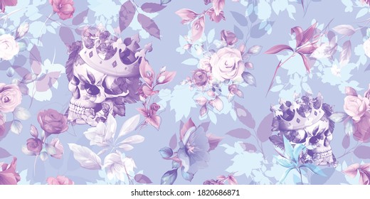 Wide vintage seamless background pattern. Skull with flowers, peony, leaves on blue pastel. Stylized watercolor artwork. Vector - stock.