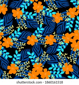 Patrón de fondo amplio y transparente. flores de color naranja claro con hojas en azul oscuro y amarillo. Resumen, dibujado a mano, vector - stock.
