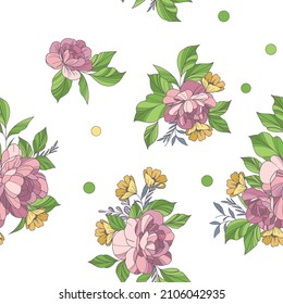 Wide Vintage nahtlose Hintergrundmuster. Rose, Mohn, wilde Blumen mit Nachthemden und Blättern. Abstrakt, handgezeichnet, Vektorgrafik