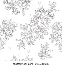 Wide vintage seamless background pattern. Rose, poppy, wild flowers with nightingales and leaf. Abstract, hand drawn, vector. Black and white version, suitable for coloring
