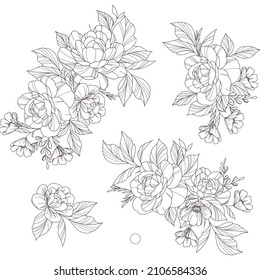 Wide vintage seamless background pattern. Rose, poppy, wild flowers with nightingales and leaf. Abstract, hand drawn, vector. Black and white version, suitable for coloring