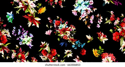 Wide vintage seamless background pattern. Flowers wild rosemary, pomegranate buds, sunflower on black. Abstract, hand drawn, vector - stock.