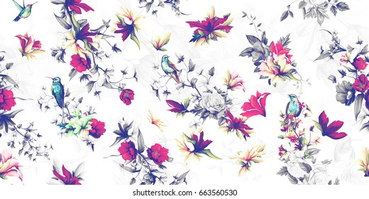 Wide vintage seamless background pattern. Flowers wild rosemary, pomegranate buds with humming bird and nightingale. Abstract, hand drawn, vector - stock.