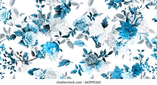 Wide vintage seamless background pattern. Rose, peony, poppy with humming birds around. Stylized on white. Abstract, hand drawn, vector - stock.