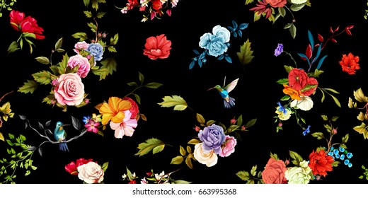 Wide vintage seamless background pattern. Rose, peony, poppy with humming birds around on black. Abstract, hand drawn, vector - stock
