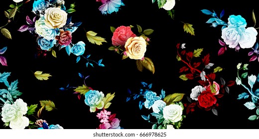 Wide vintage seamless background pattern. Rose, peony, wild flowers on black. Abstract, hand drawn, vector - stock.