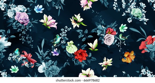 Wide vintage seamless background pattern. Rose, wild rosemary, poppy with nightingale and leaf. Abstract, hand drawn, vector - stock.