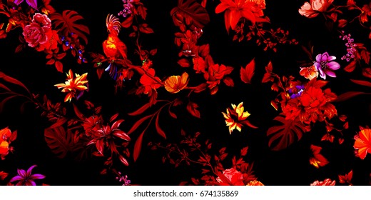 Wide vintage seamless background pattern. Parrot cockatoo on the tropical branches with leaves and flowers on dark red. Stylized version. Abstract, hand drawn, vector - stock.