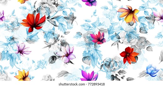 Wide vintage seamless floral pattern. Magnolia with leaves and peony flowers on light blue background. Hand drawn, vector - stock.