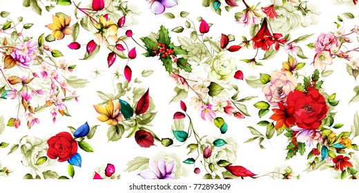 Wide vintage seamless pattern. Magnolia, apple tree with branches, leaves and flowers on white background. Abstract, hand drawn, vector - stock.