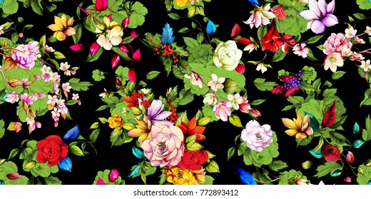 Wide vintage seamless pattern. Magnolia, apple tree with branches, leaves and flowers on black background. Abstract, hand drawn, vector - stock.