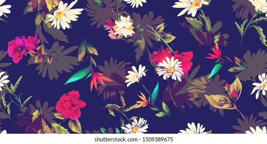 Wide vintage seamless pattern with red flowers, camomile, leaf, branches around on dark background. Abstract, hand drawn illustration. Vector - stock.