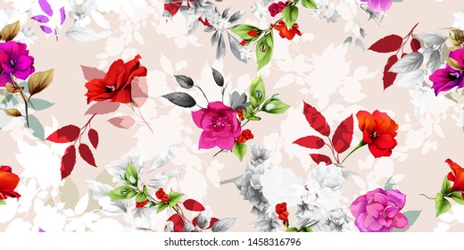 Wide vintage seamless pattern. Vivid deauty flowers with leaf on light background. Abstract, hand drawn, vector - stock.