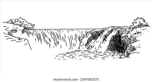wide waterfall with flowing water and rocky edges hand drawn doodle sketch