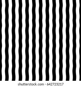 Wide wavy stripes, streaks vector seamless pattern. Black and white striped monochrome background. Uneven, free hand drawn bars, waves texture.