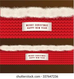 Wide web banner of Happy New Year and Christmas with  red knitted texture and white fur.  Decorative label on it. Vector illustration.