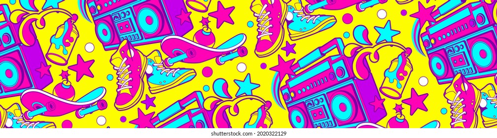 Wide Website horizontal banner leaderboard social network group profile header image. 80s 90s music disco vector illustration in retro hipster cartoon style. 