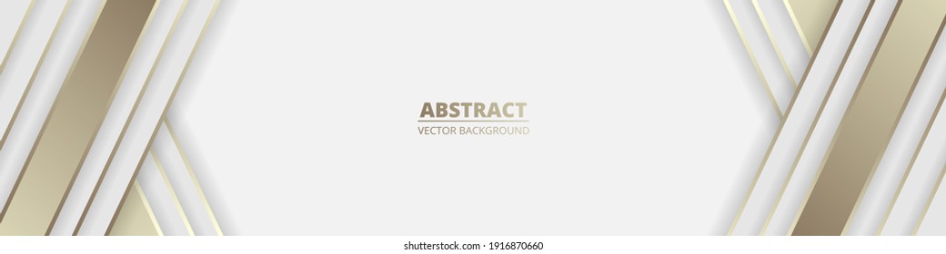 Wide white abstract luxury background with golden lines and shadows. Light modern wide banner with golden luminous lines. Futuristic abstract backdrop. Vector illustration EPS 10.