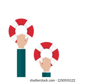 Wide white background with hands holding a lifebuoy. Help, support, survival or investment symbol. red and blue lifebelt, swimming rubber ring. save business concept. vector illustration in flat style