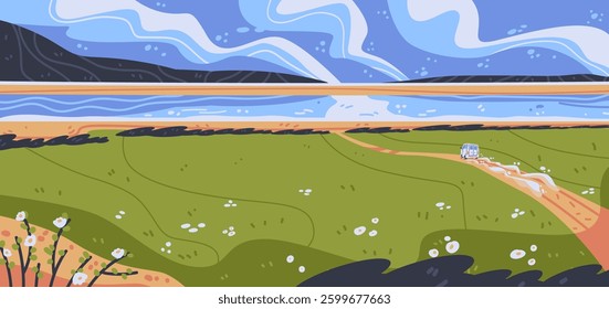 Wide wild beach landscape with white van behind. Cute bright nature kids style vector illustration