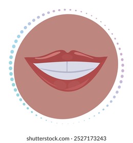 Wide woman smile, red lips and white teeth, gradient sign with dotted contour, round colorful illustration