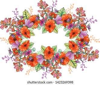 
wide wreath of poppy, hyacinth, wild flowers