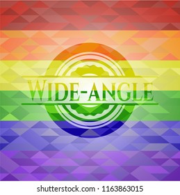 Wide-angle emblem on mosaic background with the colors of the LGBT flag
