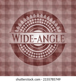 Wide-angle red seamless emblem or badge with abstract geometric pattern background. 