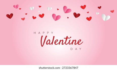 Un cabezal romántico de gran ángulo con una disposición lúdica de corazones artesanales de papel rojo y blanco con una tipografía de escritura elegante en un gradiente rosa suave