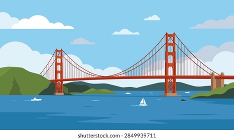 A wide-angle vector illustration in a flat design style depicting a large red suspension bridge connecting green hills over a calm blue bay. The sky is bright blue with stylized white clouds, and small white boats are visible on the water surface.