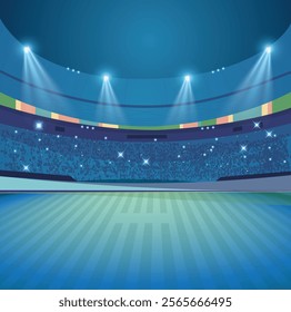 Wide-angle view of a textured soccer game field with neon fog - center, midfield. Empty soccer stadium with spotlight. Sport building 3D illustration. Cricket league concept poster.