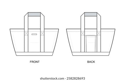 Wide-Base Tote Bag Technical Fashion Illustration. Large Tote Bag Vector Template. Front and Back View. Reinforced Bottom Panel. Dual Handles. Spacious Design. CAD Mockup.