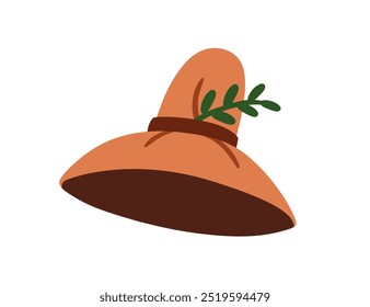 Wide-brim hat with natural leaf branch and hatband decoration. Headwear accessory. Head wear, tall cap, headdress for summer gardening. Flat graphic vector illustration isolated on white background