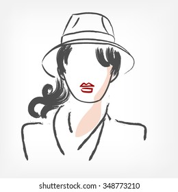 Wide-Brim Hat stylish women vector sketch illustration