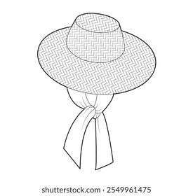 Wide-brim sunhat Floppy Self-Tie scarf Hat Summer Head Fashion accessory cap clothing technical illustration. Vector headgear for Men, women, unisex, flat template CAD mockup sketch outline isolated