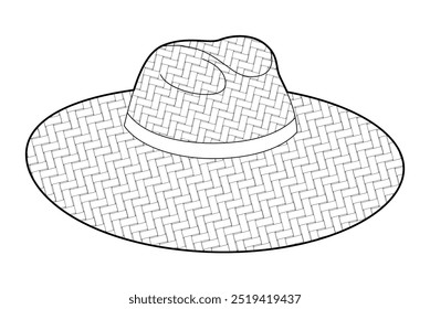 Wide-brim sunhat Hat with Ribbon. Summer Head Fashion accessory cap clothing technical illustration. Vector headgear for Men, women, unisex style, flat template CAD mockup sketch outline isolated