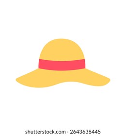 A wide-brimmed beach hat with a ribbon, illustrated in a sunny flat style. Suitable for summer fashion, travel guides, or resort-themed content.