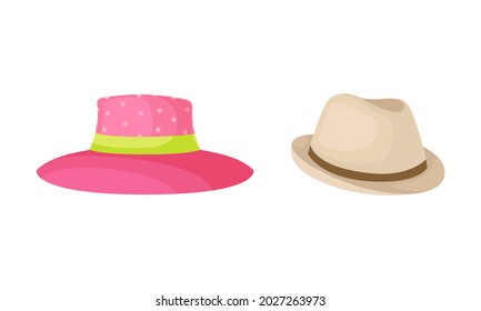 Wide-brimmed Felt or Cloth Hat with Ribbon Vector Set
