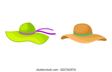 Wide-brimmed Felt or Cloth Hat with Ribbon Vector Set