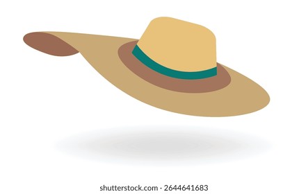 Wide-brimmed hat illustration with a tan color and a green band around the base. summer cap