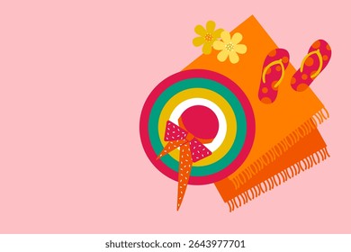 Wide-brimmed sun hat, flip-flops, and beach towel on the sand. Summer concept vector illustration.