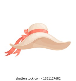 Wide-brimmed women white hat with a pink bow. Beach summer style