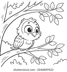 wide-eyed baby owl sitting on a tree branch, drawn in a cartoon style with black-and-white outlines for a children’s
