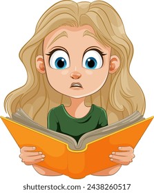 Wide-eyed girl engrossed in an orange book