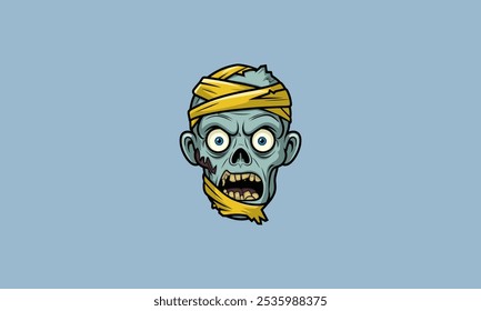 Wide-eyed zombie head wrapped in yellow bandages