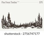 A wide-format hand-drawn sketch of a dense pine forest treeline with varied tree heights and low shrubs in the foreground, set against an open light sky, rendered in detailed vintage engraving style — ideal as a banner or border element.