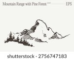 A wide-format hand-drawn sketch of a dramatic mountain range with a rocky peak, layered ridges, and a dense pine forest filling the foreground, rendered in detailed vintage engraving style with rich linework.
